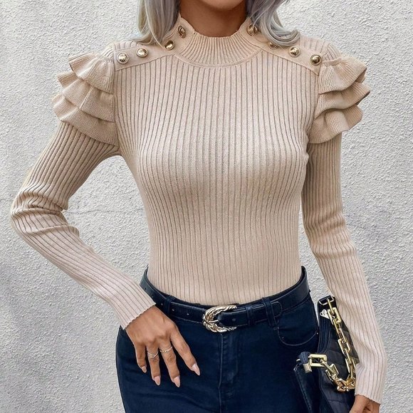 Mock Neck Button Detail Ruffle Trim Ribbed Knit Sweater Apricot - Picture 4 of 6